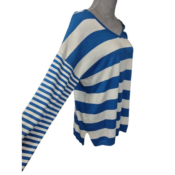 Womens Sweater Striped Contrasting Sleeve Blue White Tunic Stretch Large 12-14 - Picture 3 of 6
